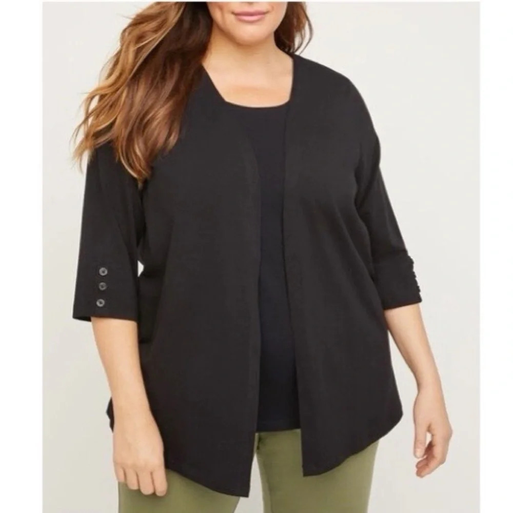 Catherines Suprema Collection Black Button Sleeve Open Front Cardigan 0X Women’s